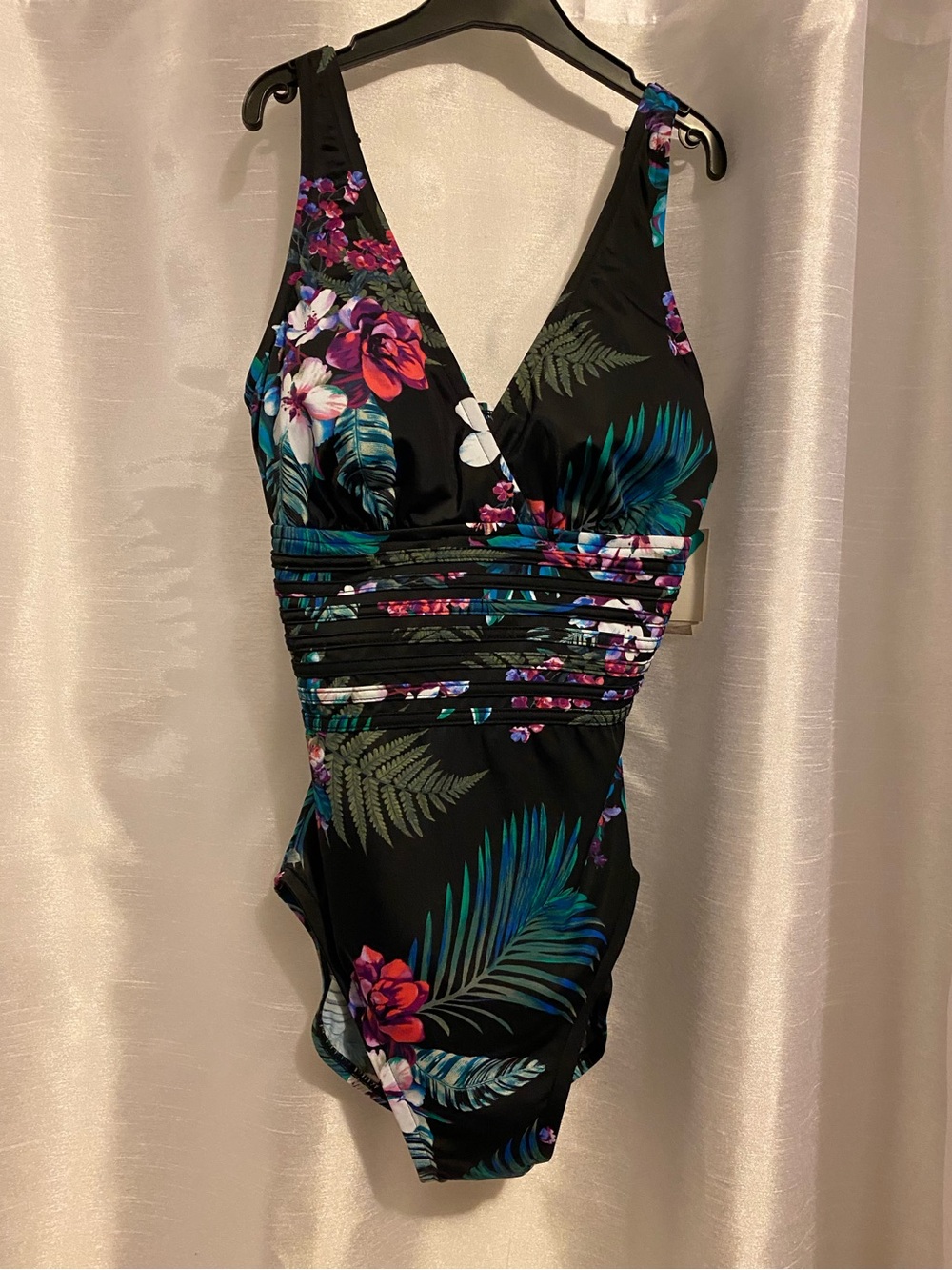 1 Pc Aqua Green Black w/Tropical Print Swimsuit